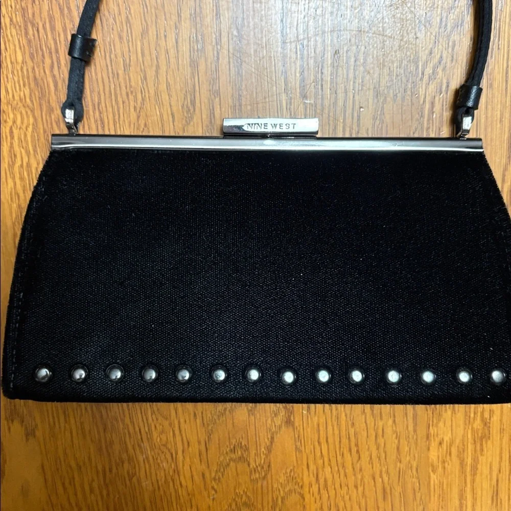 Nine West black velvet Elegant Black Clutch with silver Accents